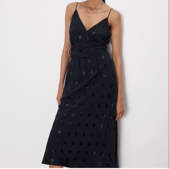 NWT Zara Black Midi Polka Dot Jaquard Dress - Picture 2 of 11